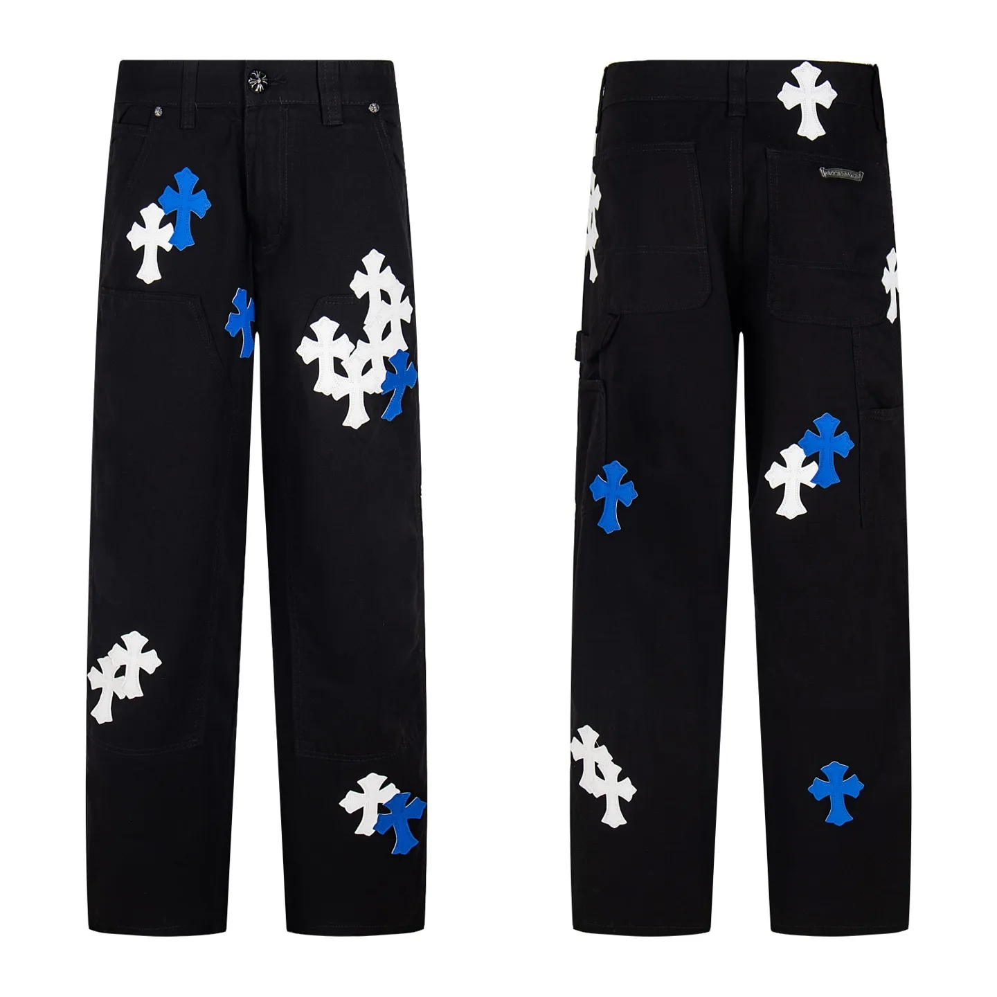 P260 Chrome Hearts Chrome Hearts black denim with white and blue multi-leather hot jeans. CH jeans need to be washed and then disassembled and hand-stitched with sheepskin cross leather and then spliced ​​to complete. The whole piece has too many craftsmanship to explain. The patchwork cross pattern is embellished, and the high-waisted washed jeans! ! Absolutely high-end luxury products, god-level single products, super popular products, made with top heavy industry, a magic weapon that cannot be missed. About Kroxin This is an extremely luxurious fashion brand, which can also be called the aristocrats of the high street. It has always been an exclusive brand for some hipsters or rich second generation. Compared with ordinary high streets, it is more luxurious and noble. Compared with luxury brands, it has a more fashionable personality and has always been a brand that I have a special liking for. Style number: 1765# Color: black Size: 28 30 32 34 36